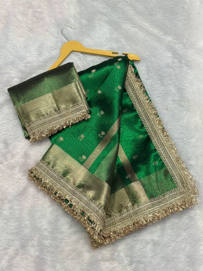 Banarasi Tissue Silk Saree with Gold Zari Buti & Heavy Lace Border