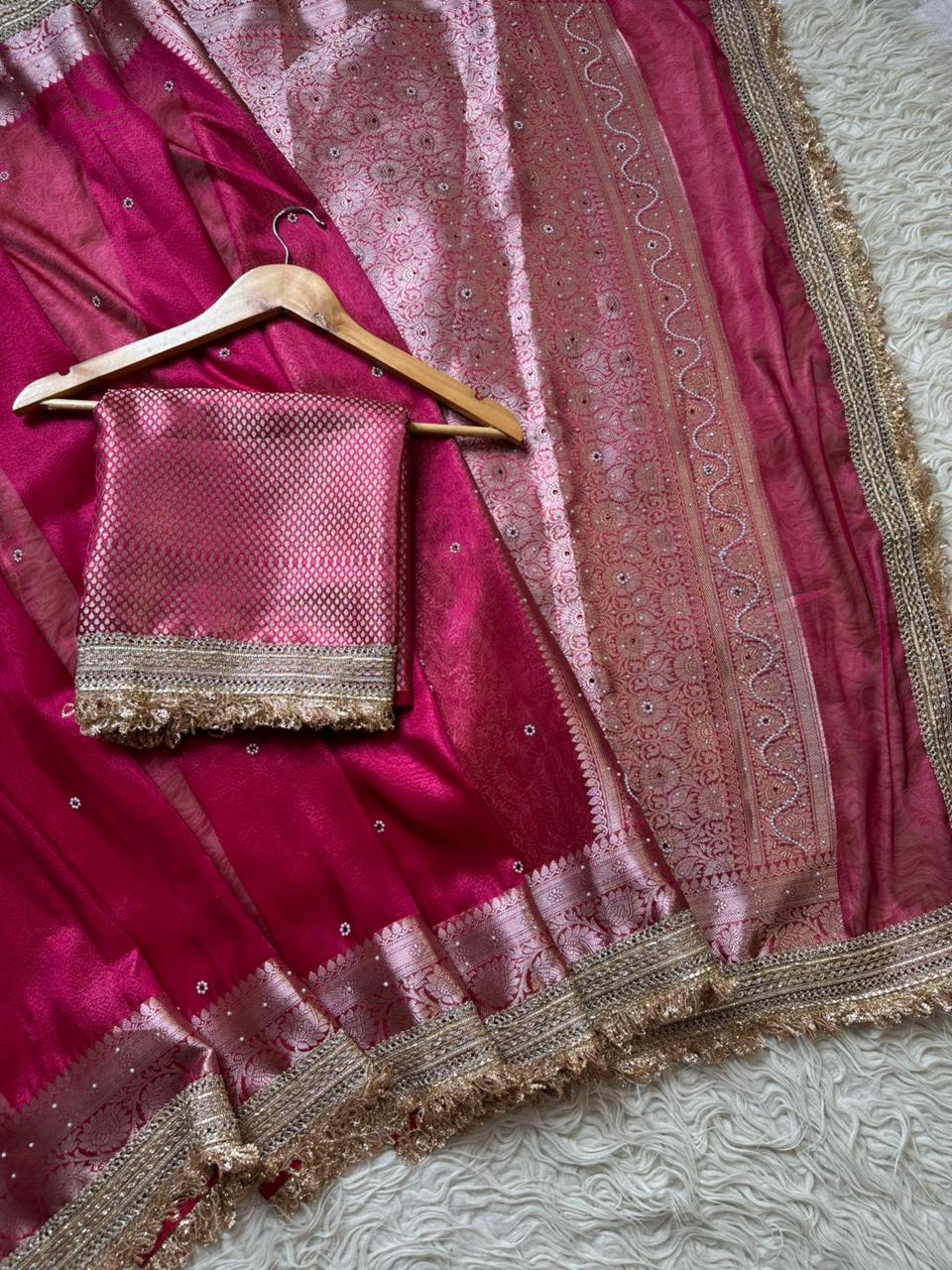 Pink Banarasi Tissue Silk Saree with Hand Embroidered Moti Work & Heavy Lace Border