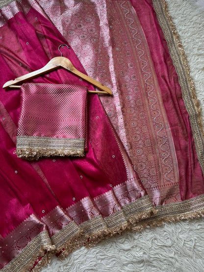 Pink Banarasi Tissue Silk Saree with Hand Embroidered Moti Work & Heavy Lace Border