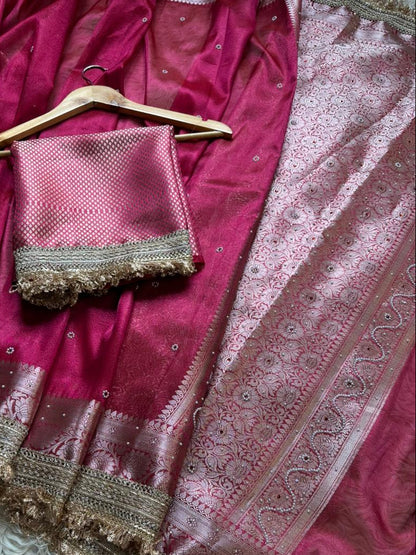 Pink Banarasi Tissue Silk Saree with Hand Embroidered Moti Work & Heavy Lace Border