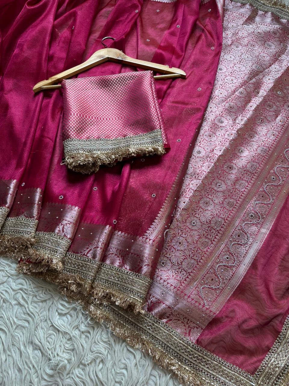Pink Banarasi Tissue Silk Saree with Hand Embroidered Moti Work & Heavy Lace Border