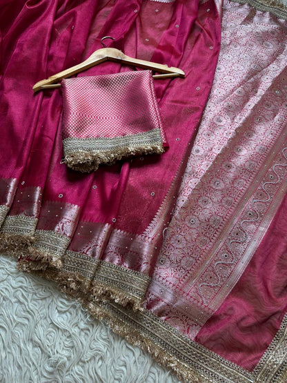 Pink Banarasi Tissue Silk Saree with Hand Embroidered Moti Work & Heavy Lace Border