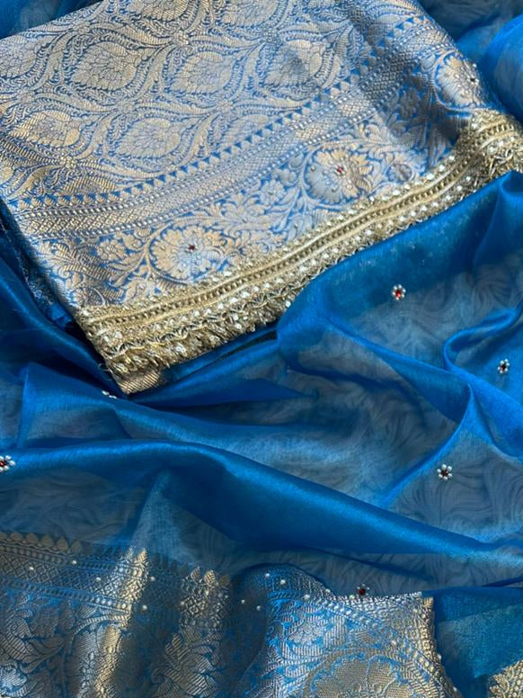 Teal Blue Banarasi Tissue Silk Saree with Hand Embroidered Moti Work & Heavy Lace Border