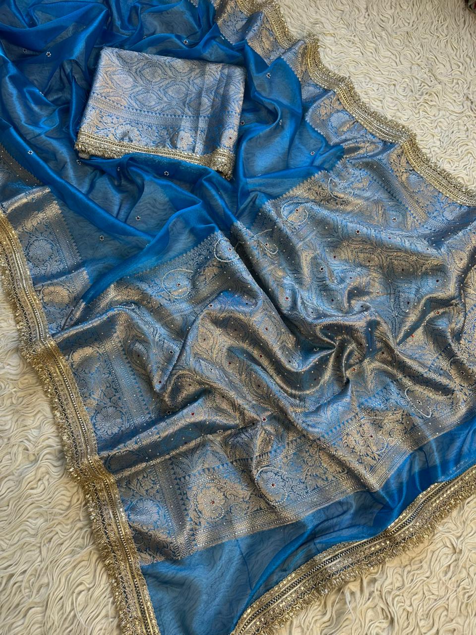 Teal Blue Banarasi Tissue Silk Saree with Hand Embroidered Moti Work & Heavy Lace Border