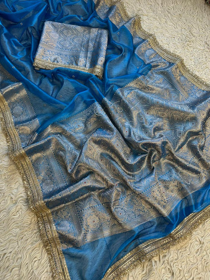Teal Blue Banarasi Tissue Silk Saree with Hand Embroidered Moti Work & Heavy Lace Border