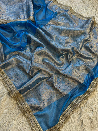 Teal Blue Banarasi Tissue Silk Saree with Hand Embroidered Moti Work & Heavy Lace Border