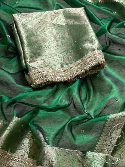 Green Banarasi Tissue Silk Saree with Hand Embroidered Moti Work & Heavy Lace Border
