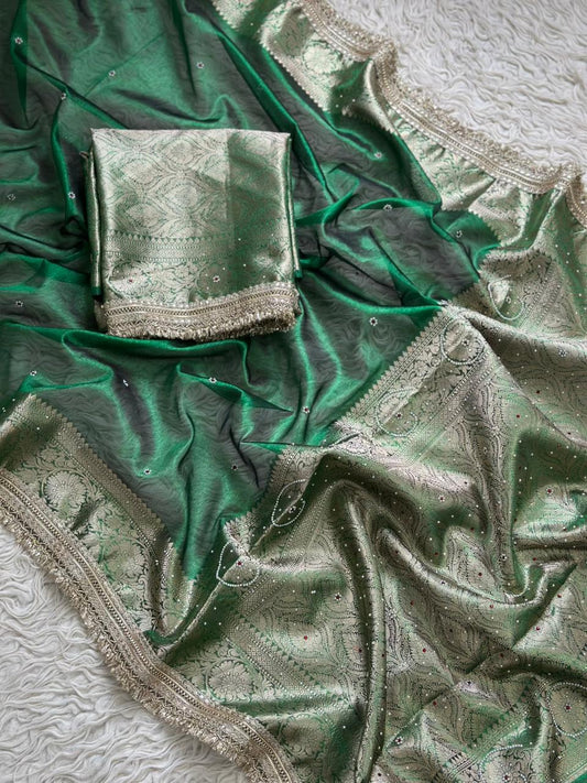 Green Banarasi Tissue Silk Saree with Hand Embroidered Moti Work & Heavy Lace Border