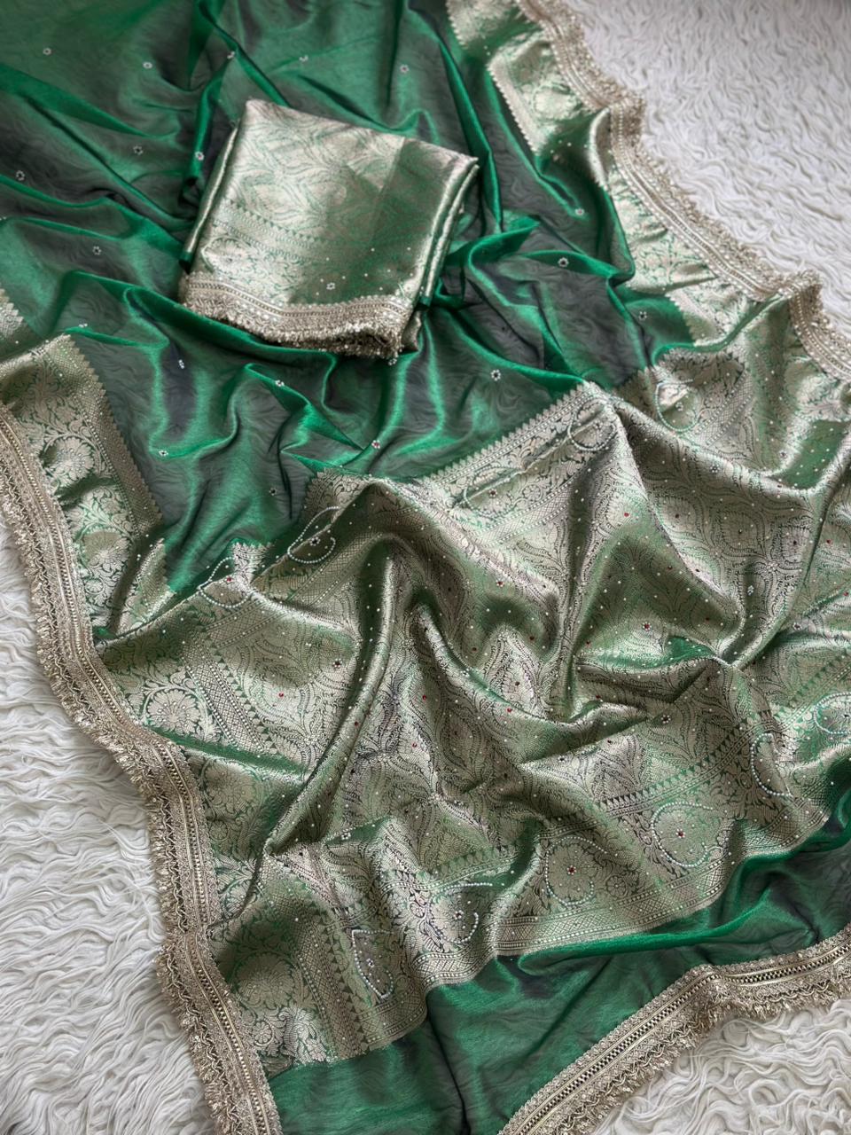 Green Banarasi Tissue Silk Saree with Hand Embroidered Moti Work & Heavy Lace Border