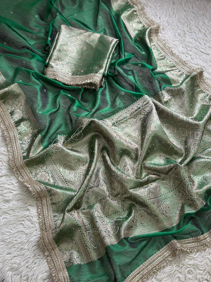Green Banarasi Tissue Silk Saree with Hand Embroidered Moti Work & Heavy Lace Border
