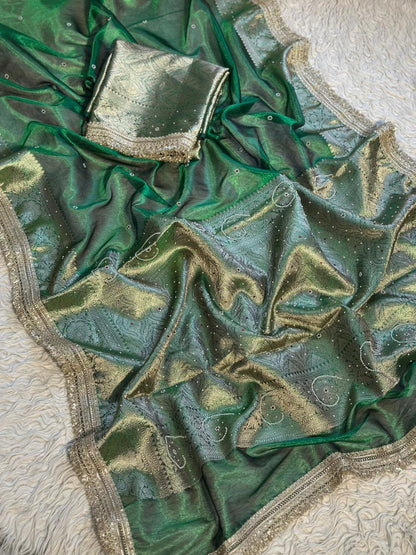 Green Banarasi Tissue Silk Saree with Hand Embroidered Moti Work & Heavy Lace Border