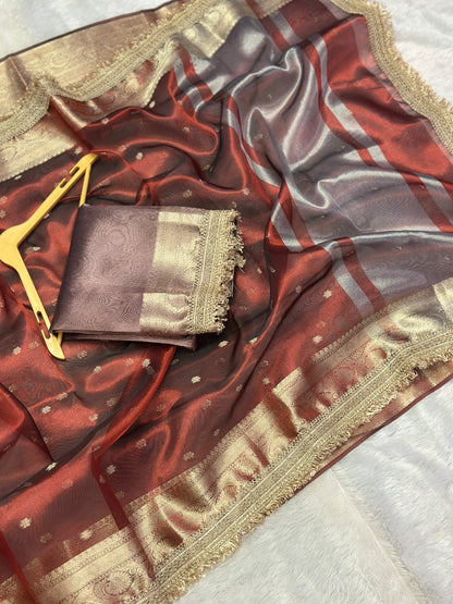 Banarasi Tissue Silk Saree with Gold Zari Buti & Heavy Lace Border