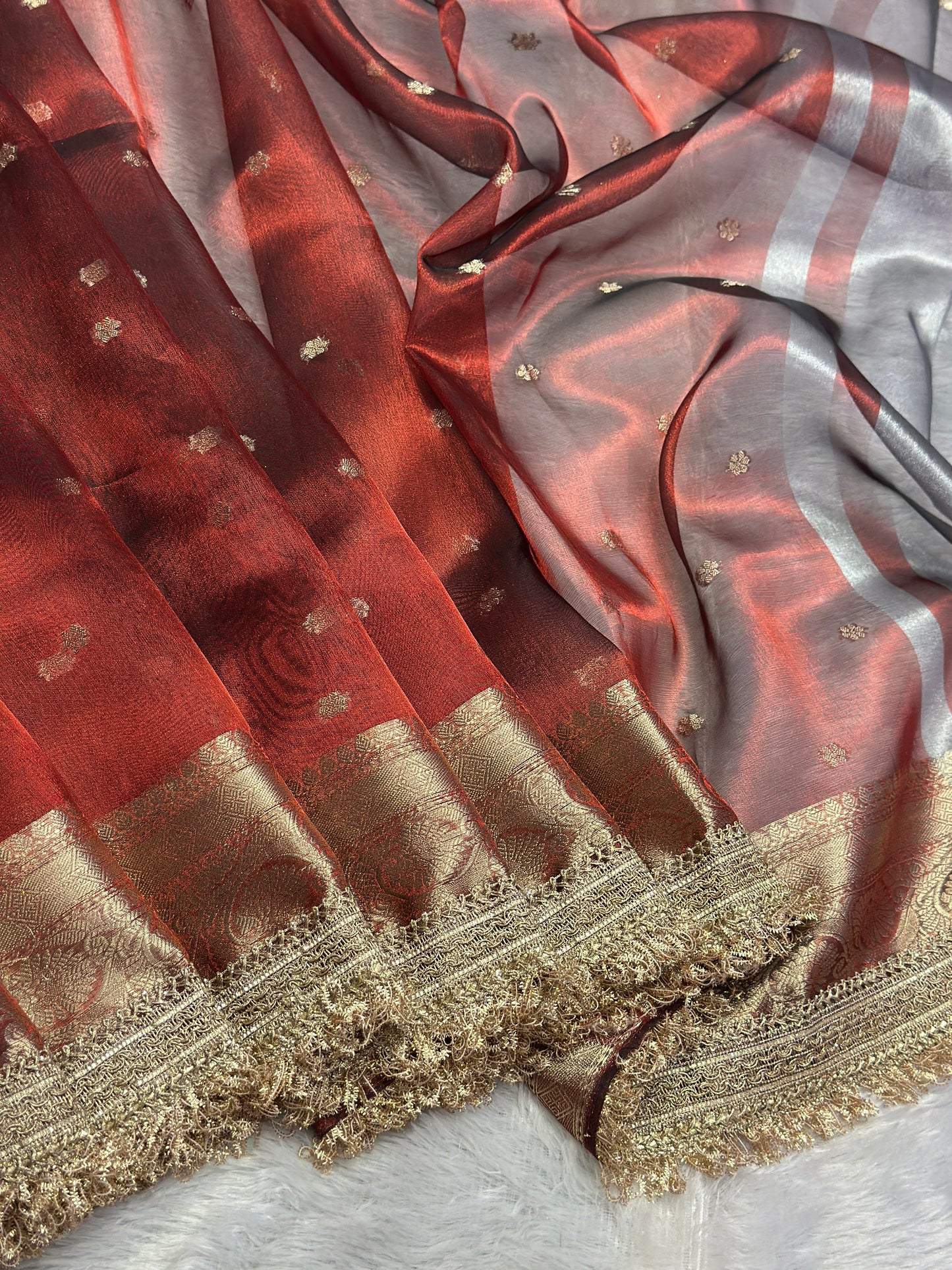 Banarasi Tissue Silk Saree with Gold Zari Buti & Heavy Lace Border