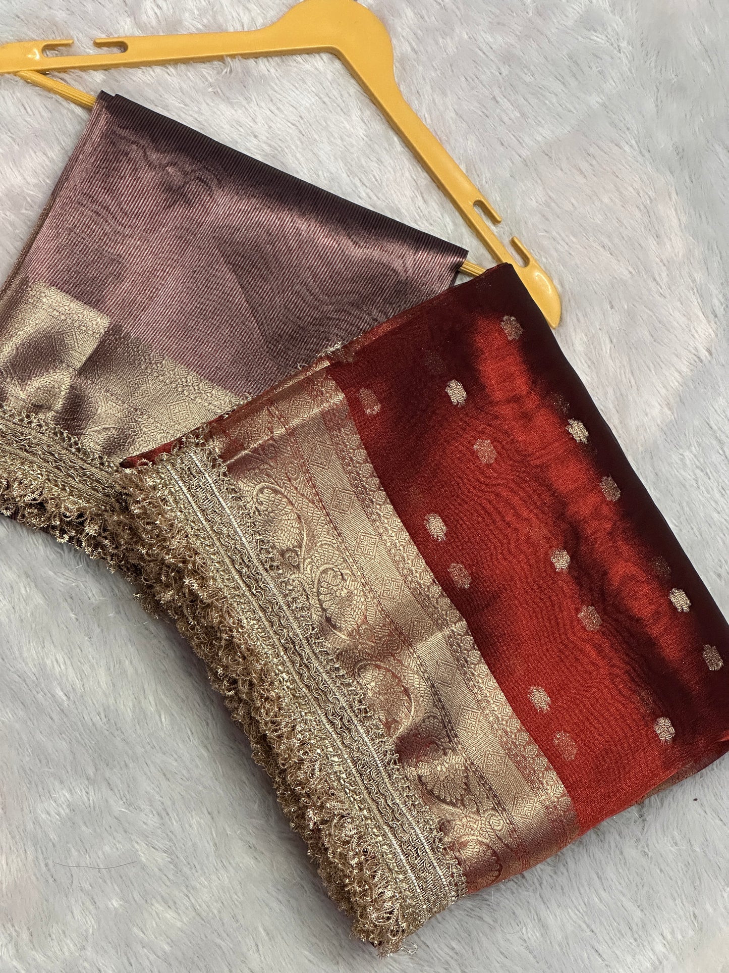 Banarasi Tissue Silk Saree with Gold Zari Buti & Heavy Lace Border