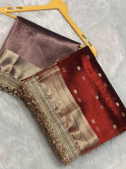 Banarasi Tissue Silk Saree with Gold Zari Buti & Heavy Lace Border