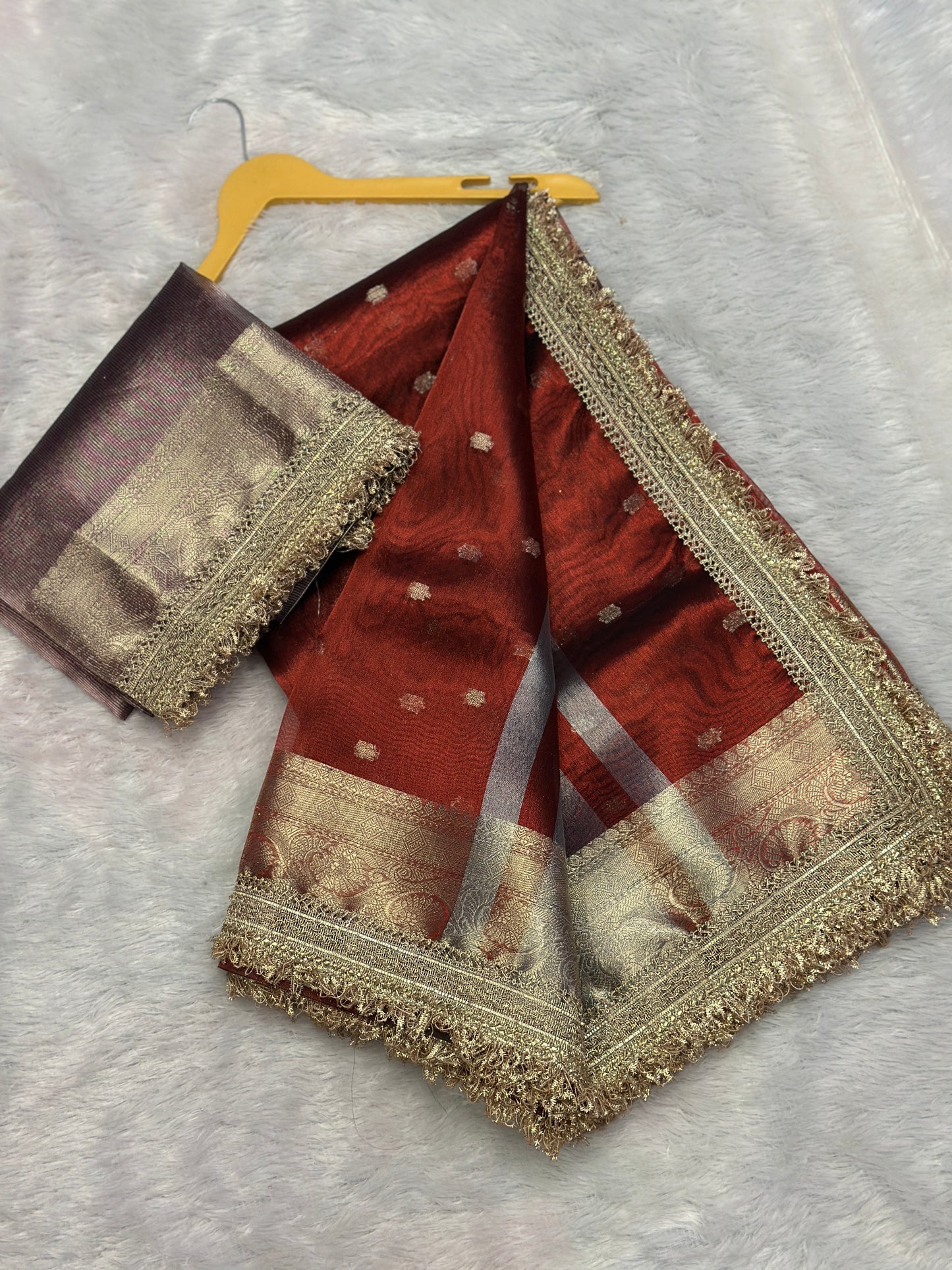 Banarasi Tissue Silk Saree with Gold Zari Buti & Heavy Lace Border