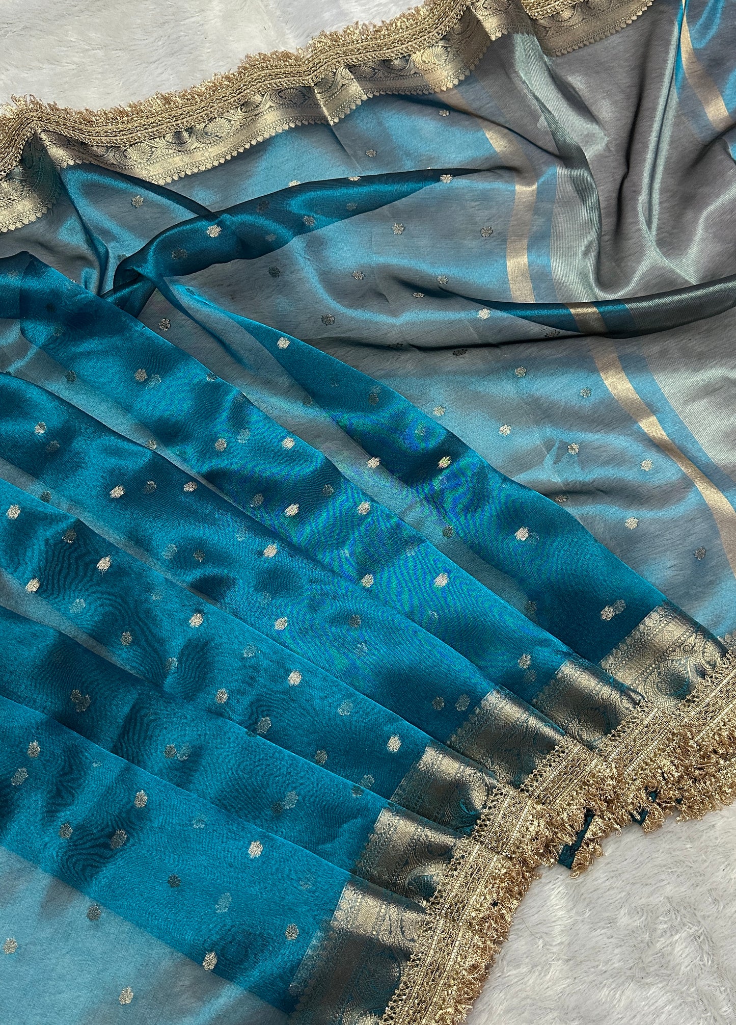 Banarasi Tissue Silk Saree with Gold Zari Buti & Heavy Lace Border