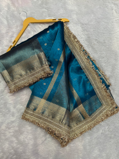 Banarasi Tissue Silk Saree with Gold Zari Buti & Heavy Lace Border