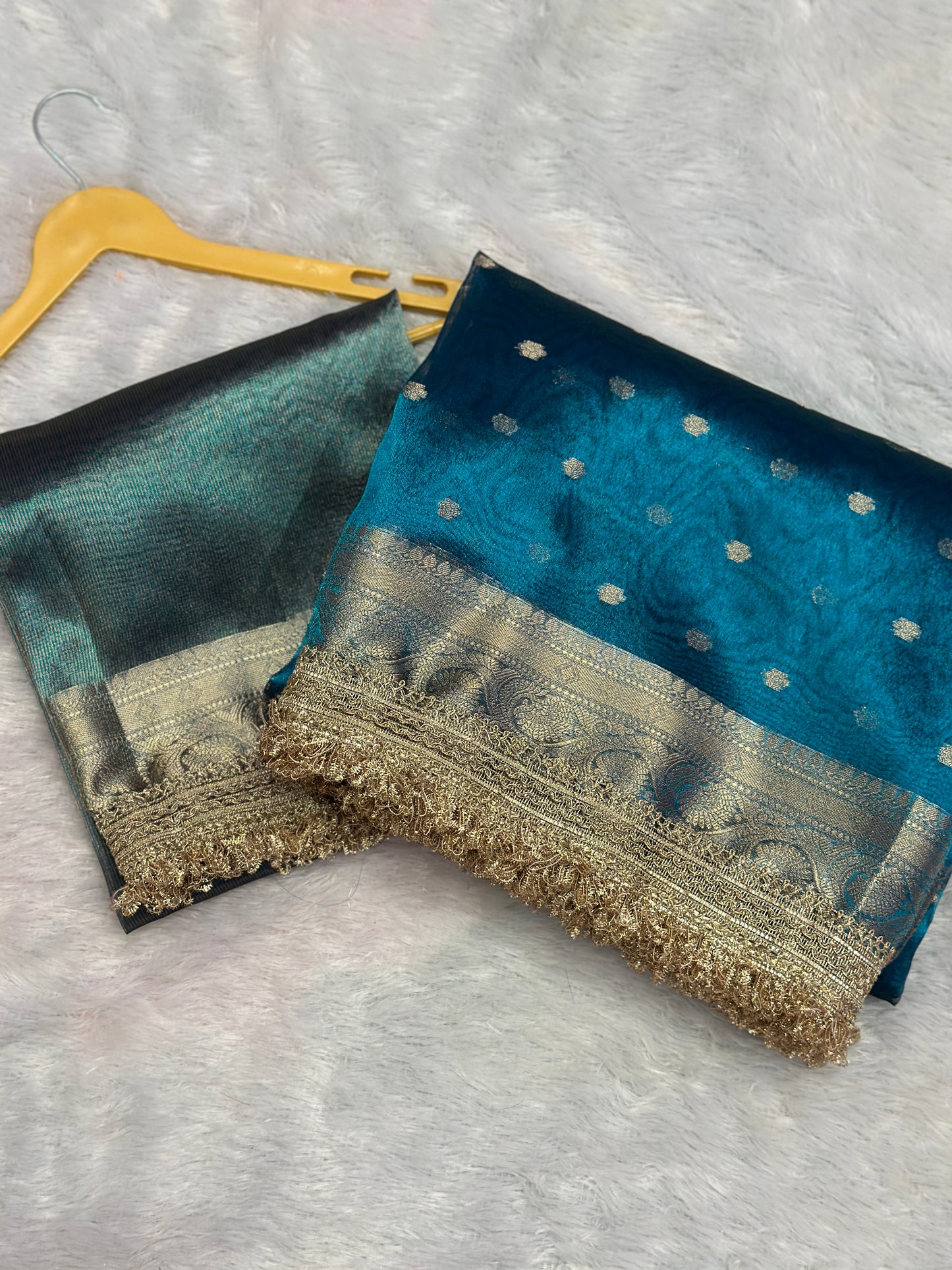 Peacock Splendour Golden Tissue Silk Saree with Gold Zari Buti & Embellished Lace Border