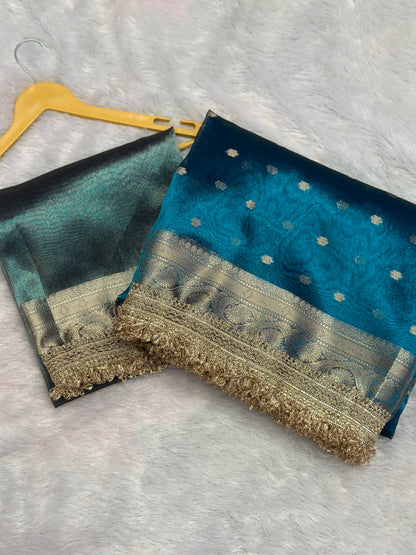 Peacock Splendour Golden Tissue Silk Saree with Gold Zari Buti & Embellished Lace Border