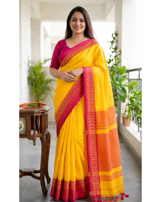 Yellow Cotton Saree with Pink Zari Border