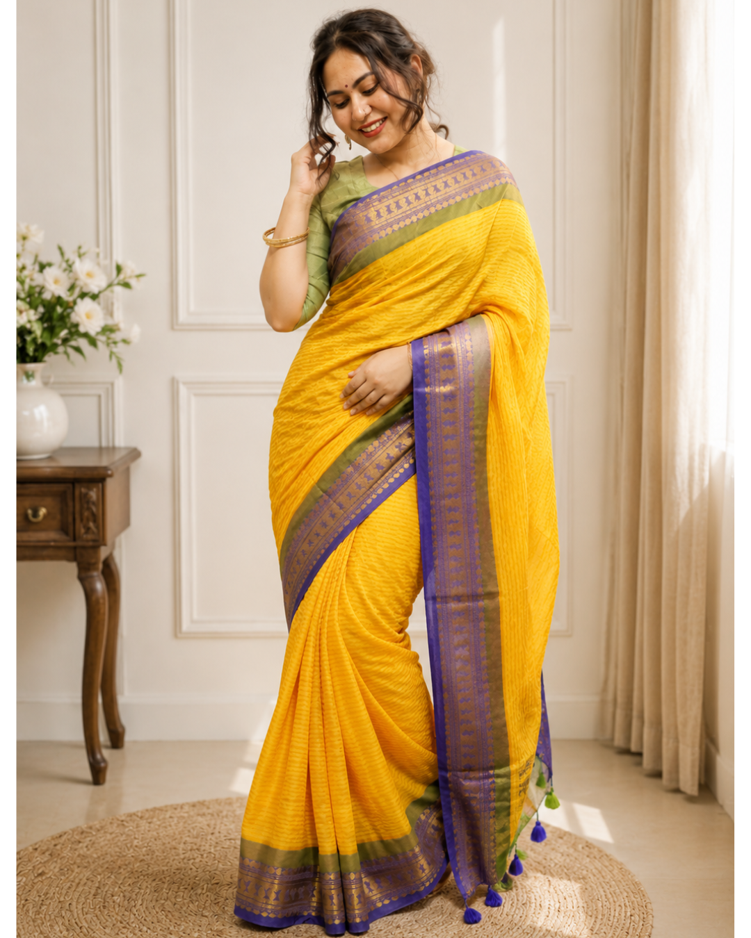 Yellow Mul Cotton Saree with Blue & Green Zari Border