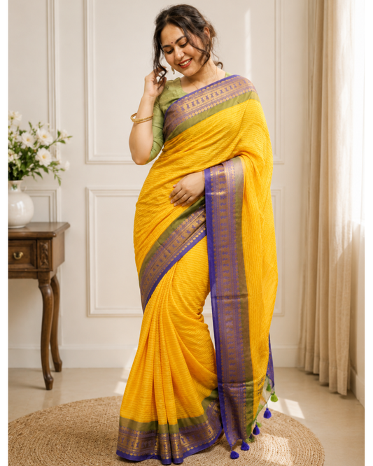 Yellow Mul Cotton Saree with Blue & Green Zari Border
