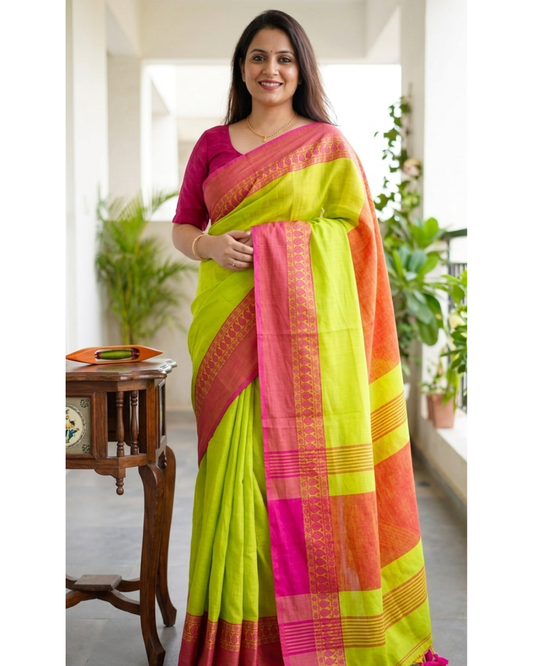 Light Green Cotton Saree with Pink Zari Border