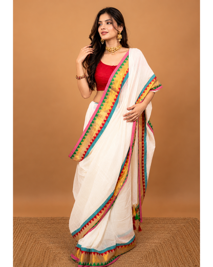 White Pure Mul Cotton Saree with Multicolor Temple Border & Gold Zari Work