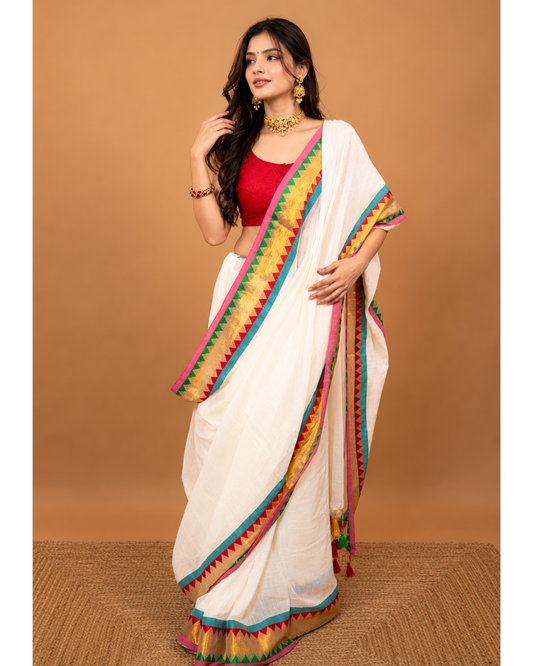 White Pure Mul Cotton Saree with Multicolor Temple Border & Gold Zari Work