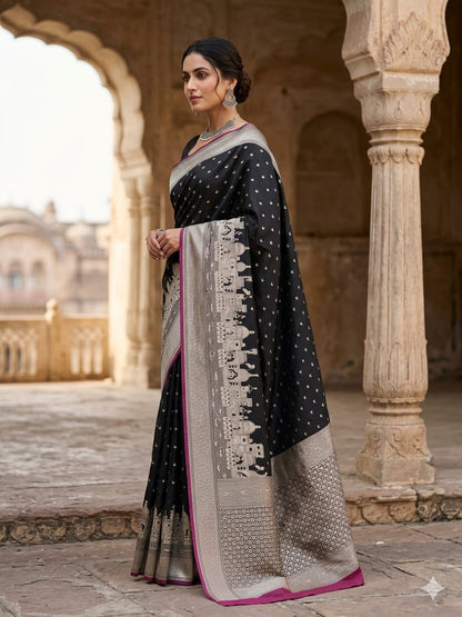 Royal Black Mashru Katan Silk Ghat Border Banarasi Saree