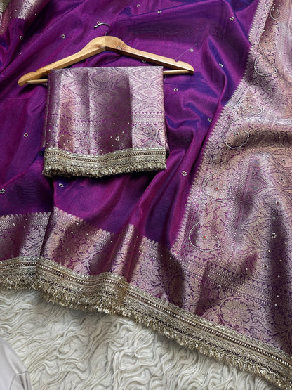 Banarasi Tissue Silk Saree with Hand Embroidered Moti Work & Heavy Lace Border