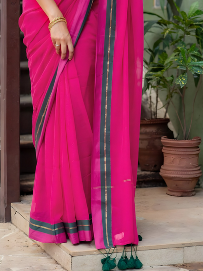 Rani Pink Cotton Saree with Contrast Zari Border and Tassels