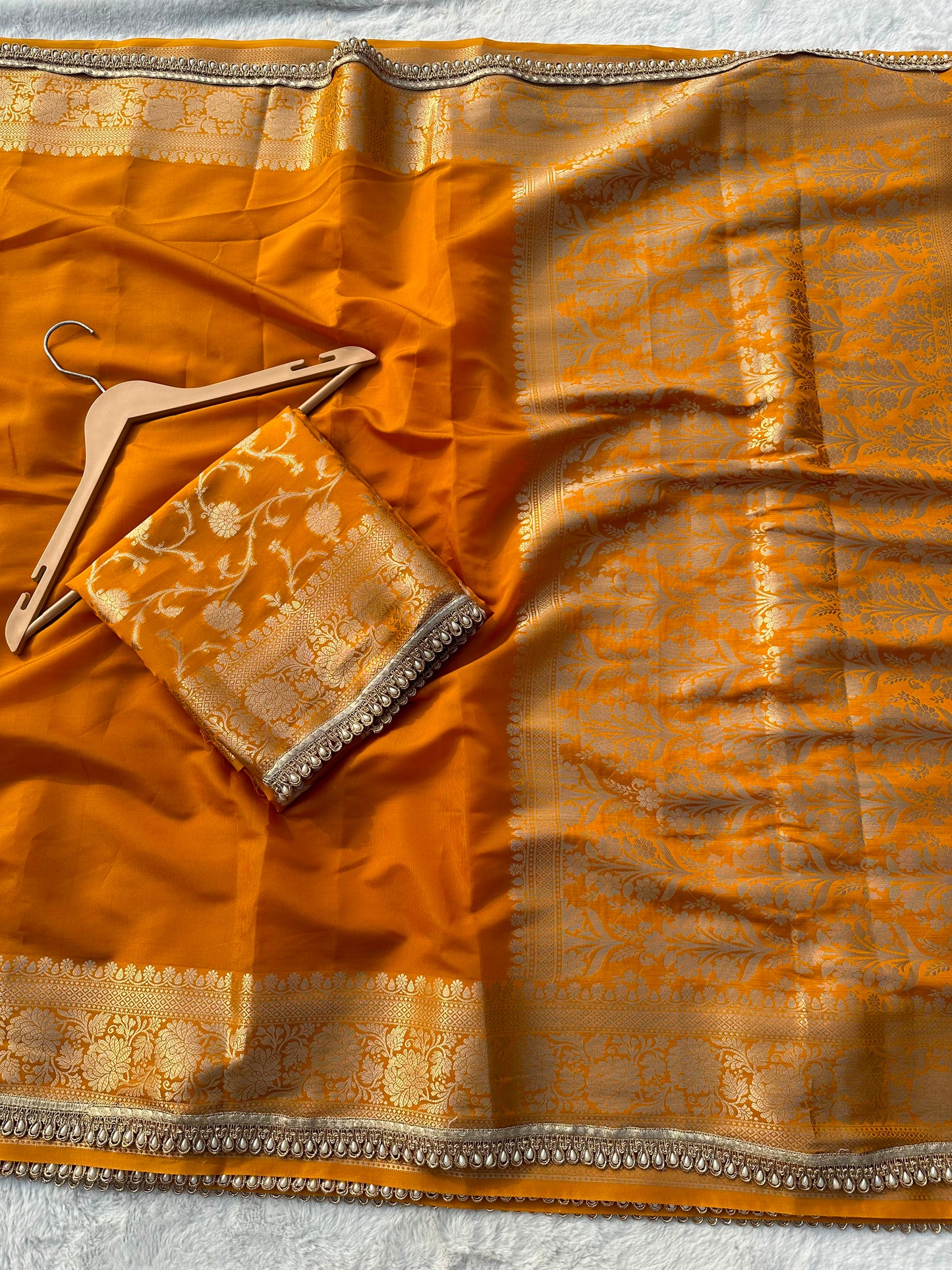 Premium Banarasi Silk Saree with Heavy Zari Border & Pearl Lace Work