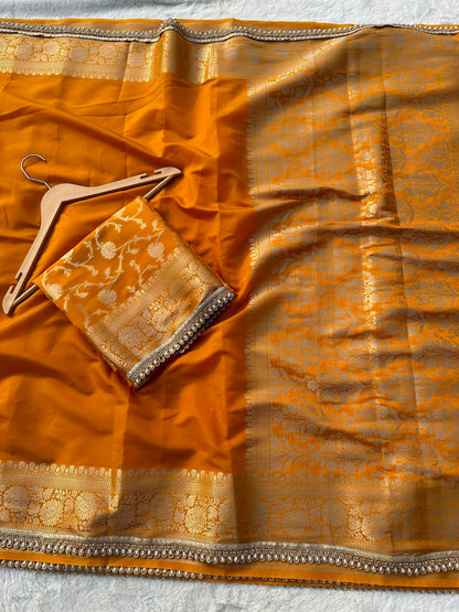 Premium Banarasi Silk Saree with Heavy Zari Border & Pearl Lace Work