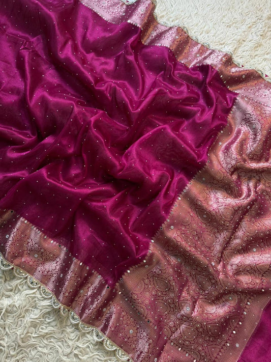 Brocade Swarovski Pankh lace Banarasi Tissue Silk Saree