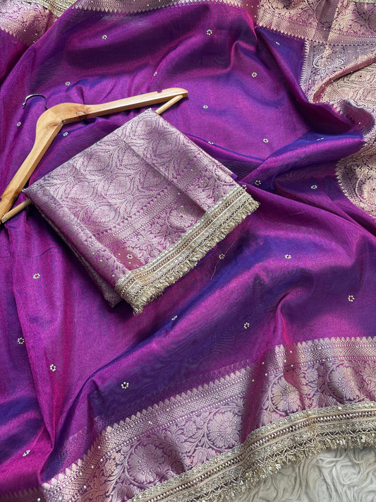 Purple Banarasi Tissue Silk Saree with Hand Embroidered Moti Work & Heavy Lace Border