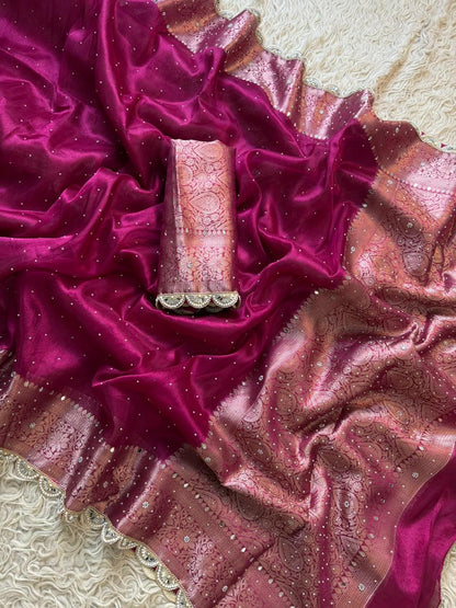 Brocade Swarovski Pankh lace Banarasi Tissue Silk Saree