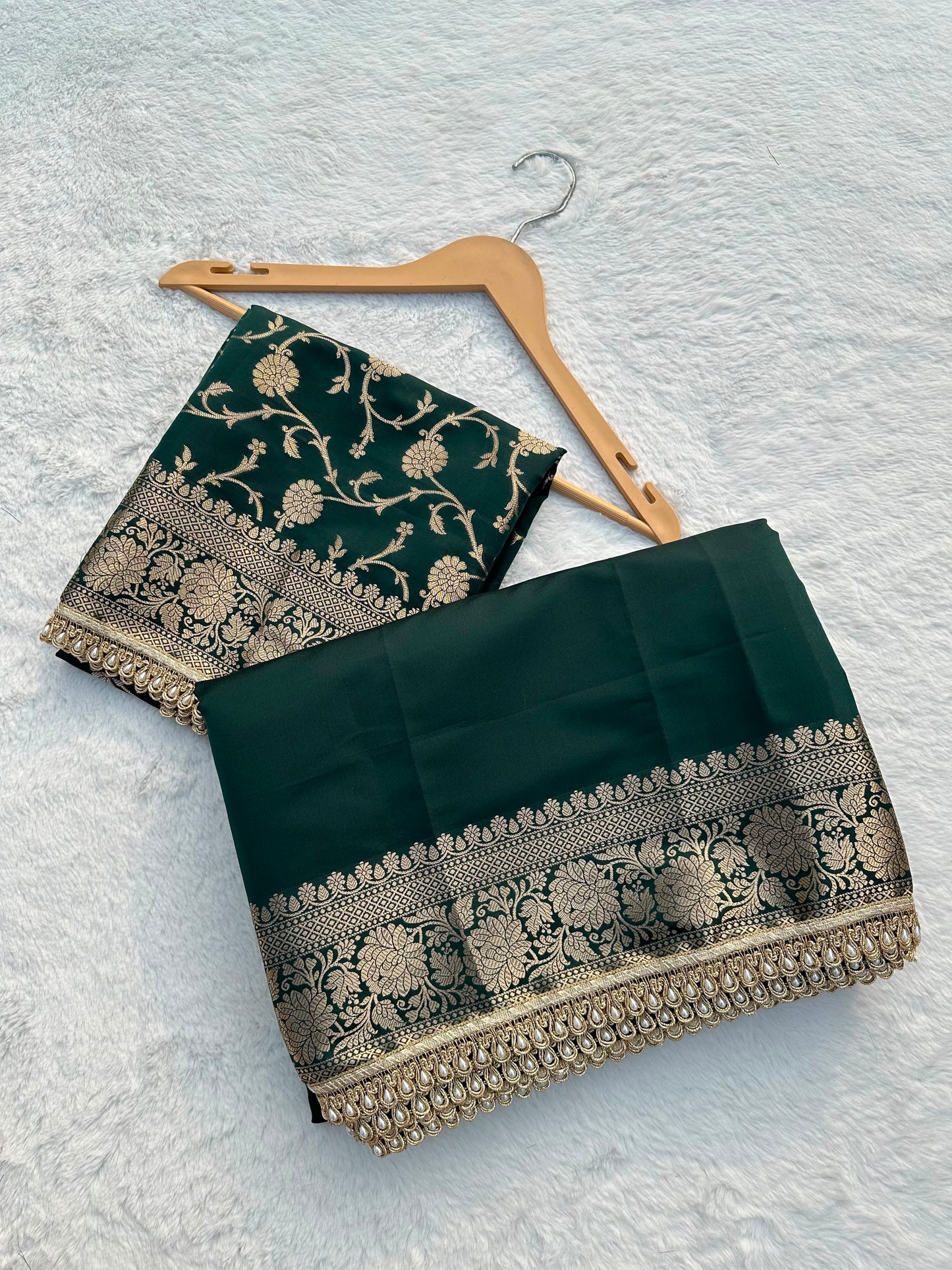 Premium Banarasi Silk Saree with Heavy Zari Border & Pearl Lace Work