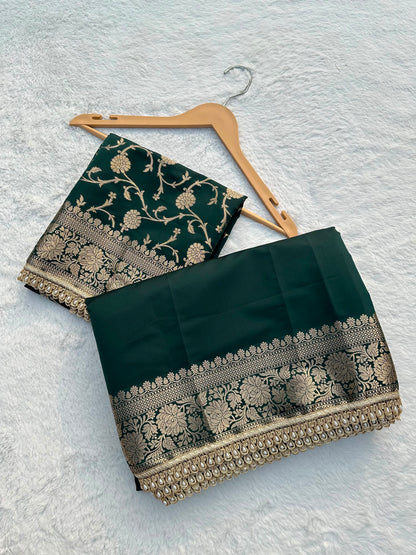 Premium Banarasi Silk Saree with Heavy Zari Border & Pearl Lace Work