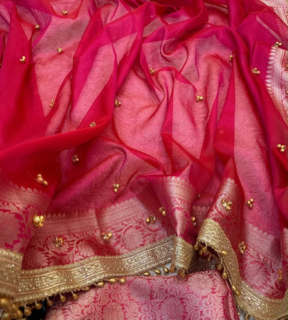 Banarasi Tissue Silk Saree with Zari Border & Ghungroo Lace – Viral Ghungroo Saree