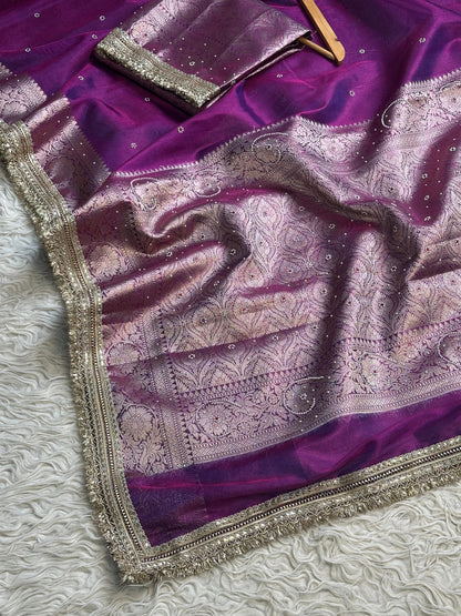 Banarasi Tissue Silk Saree with Hand Embroidered Moti Work & Heavy Lace Border