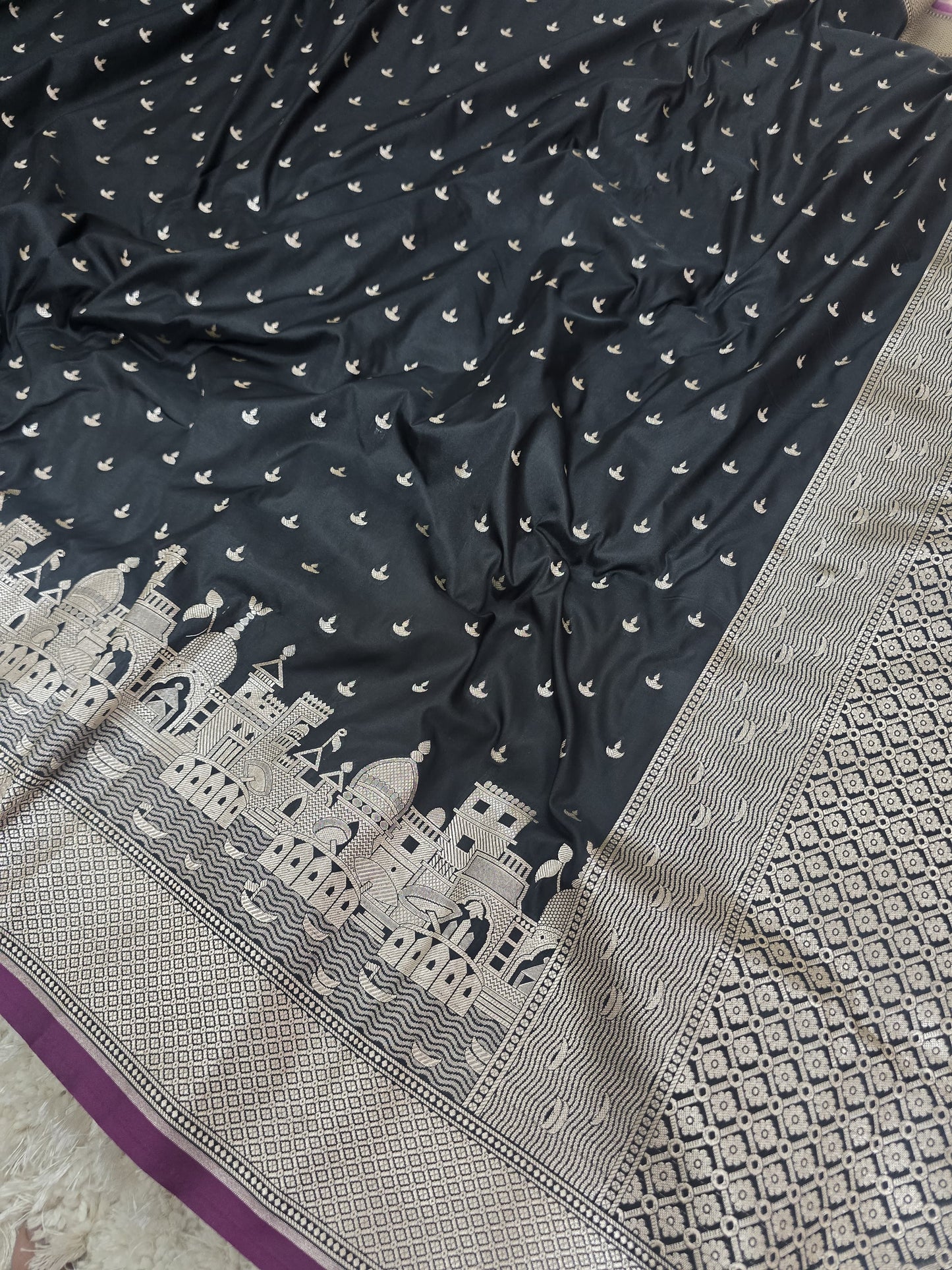 Royal Black Mashru Katan Silk Ghat Border Banarasi Saree