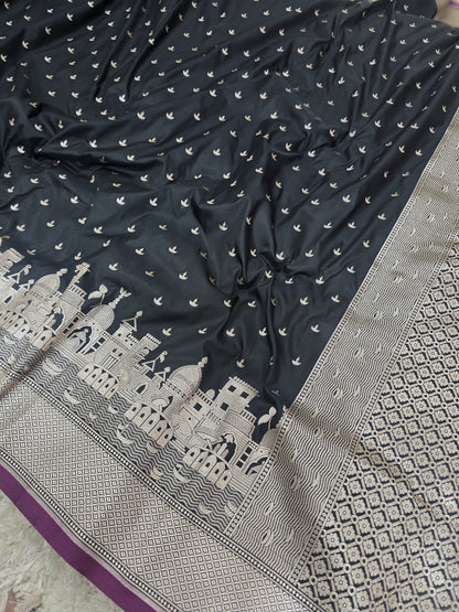 Royal Black Mashru Katan Silk Ghat Border Banarasi Saree