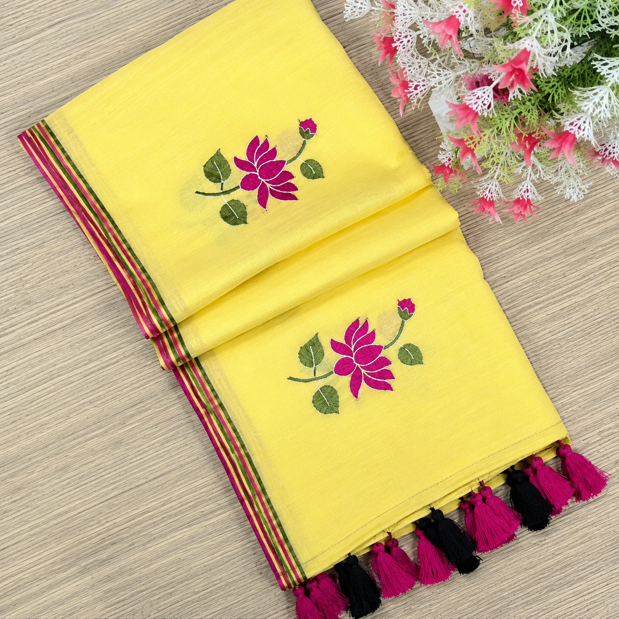 Sunshine Yellow Floral Mul Cotton Saree with Tassel Pallu