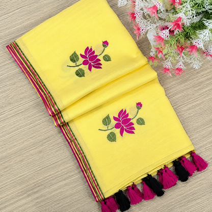 Sunshine Yellow Floral Mul Cotton Saree with Tassel Pallu