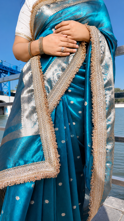 Peacock Splendour Golden Tissue Silk Saree with Gold Zari Buti & Embellished Lace Border