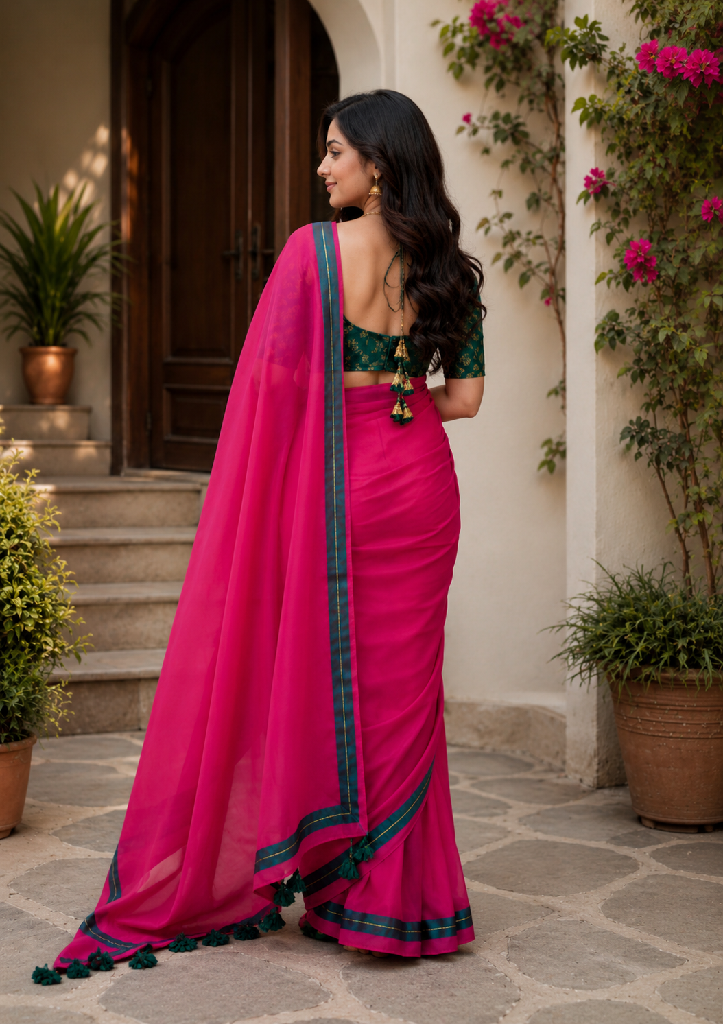Rani Pink Cotton Saree with Contrast Zari Border and Tassels