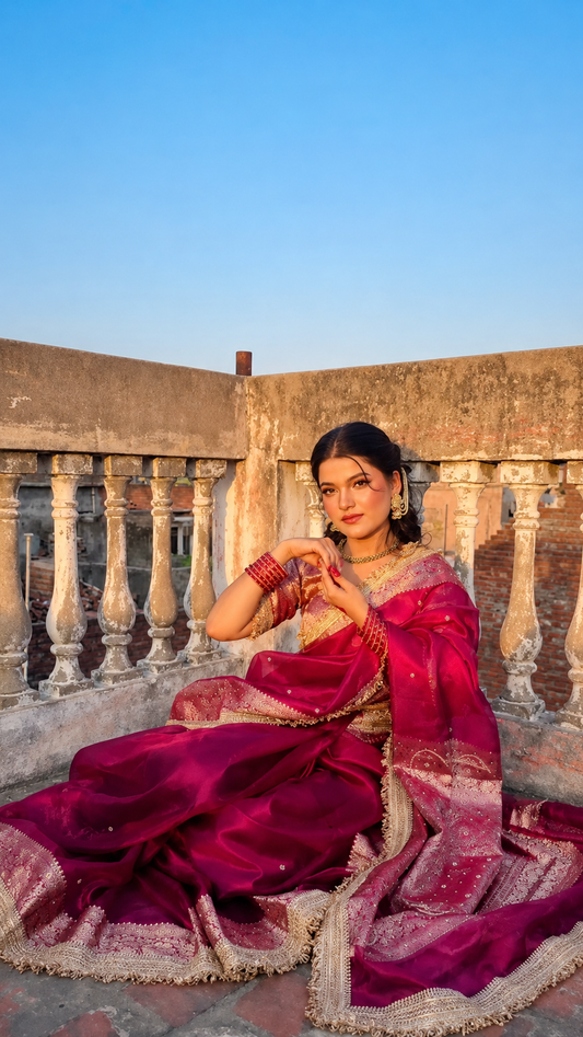 Banarasi Tissue Silk Saree with Hand Embroidered Moti Work & Heavy Lace Border