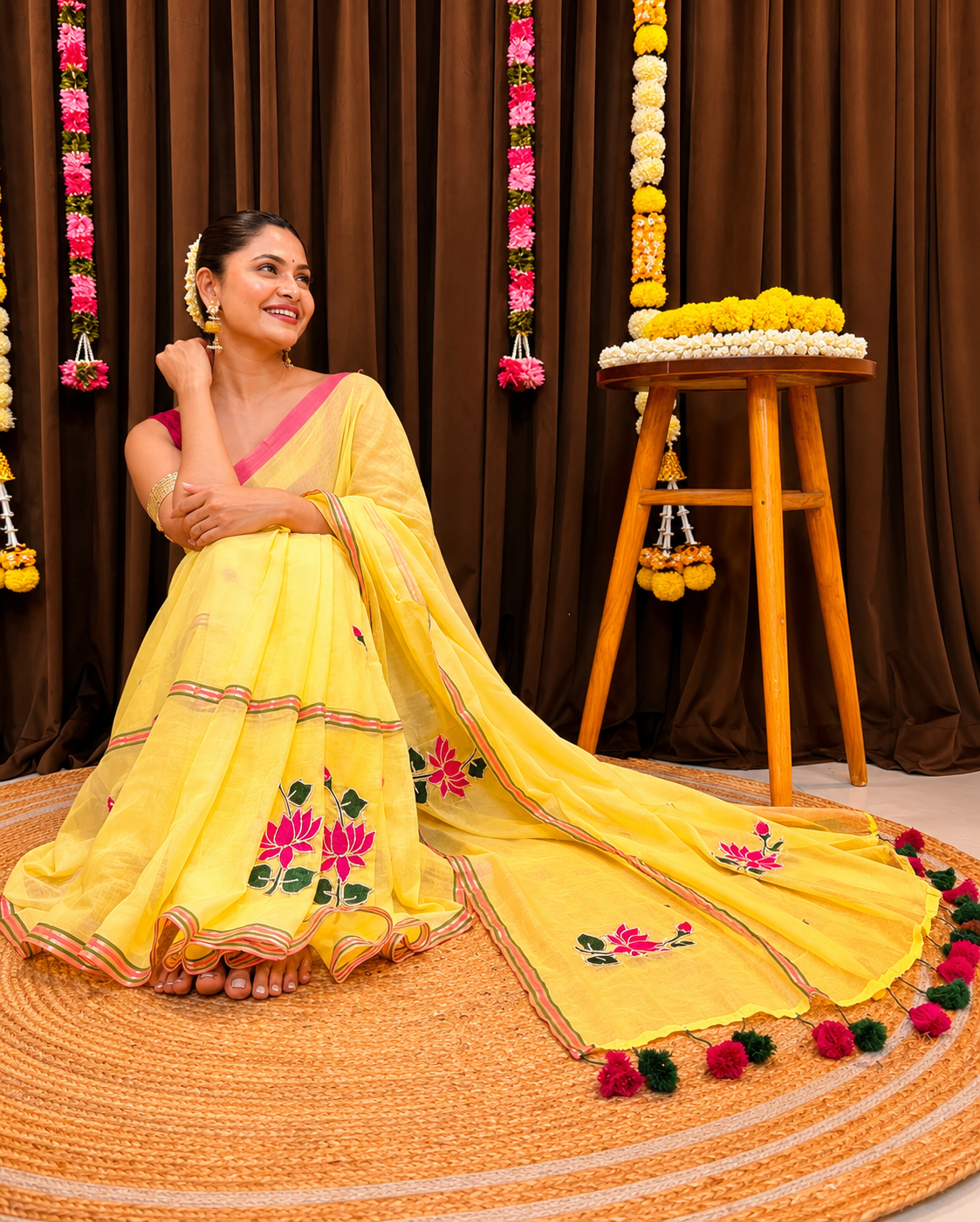 Sunshine Yellow Floral Mul Cotton Saree with Tassel Pallu